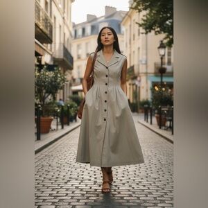 Chic Beige Button-Down Midi Dress